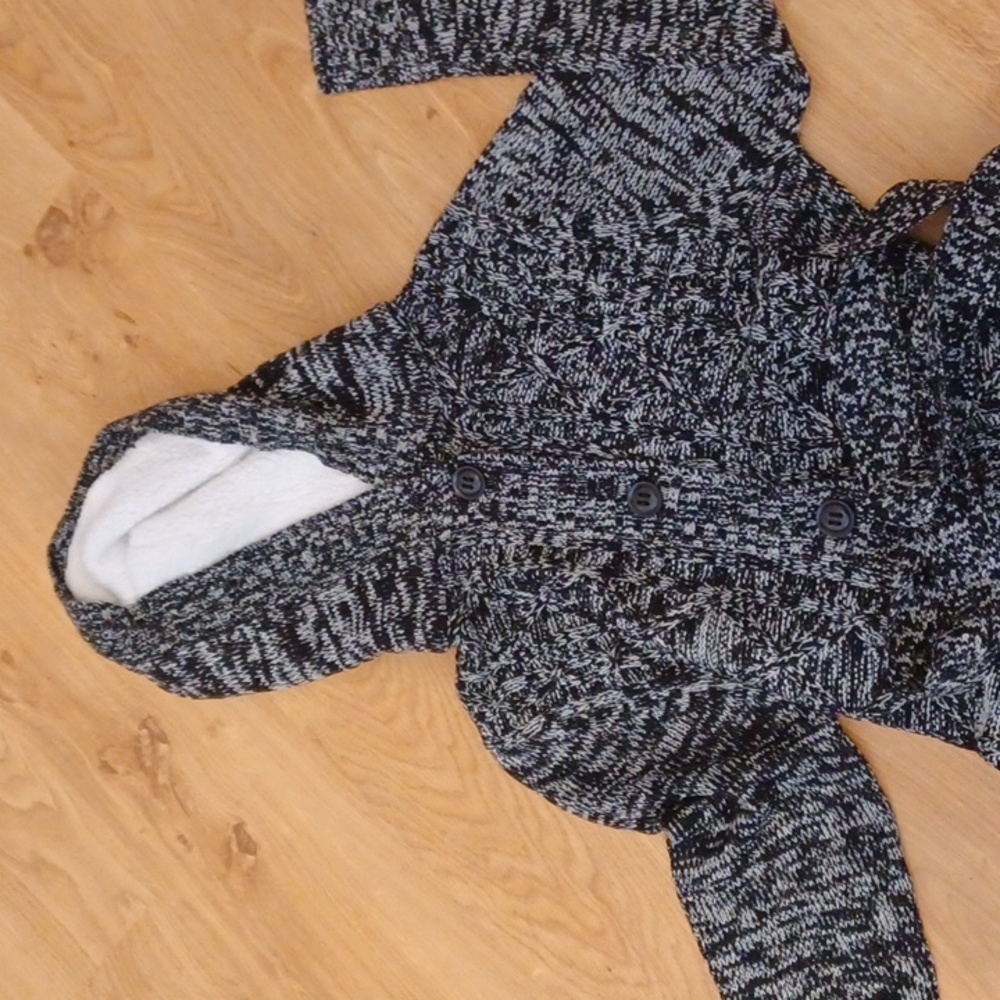 Junior Heather Black/White Boyfriend Cardigan Hooded Tie Front NWOT